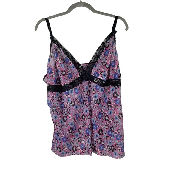 Cacique Floral Mesh Babydoll Cami with Black Lace Trim Pink Purple 26/28 - Picture 1 of 6